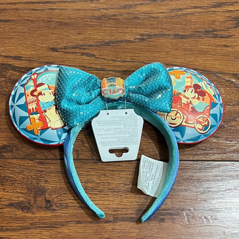Disney Epcot Italy Blue Sequin Bow Mouse Ears Headband